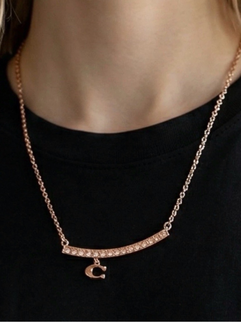 Coach Rose Gold Crystal Bar
Necklace with C Initial Charm